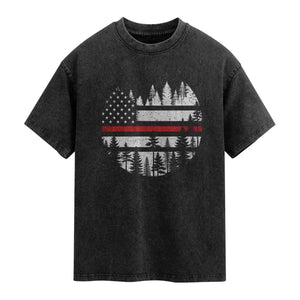 Wildland Firefighter Forest Red Line American Flag Washed Cotton T-Shirt