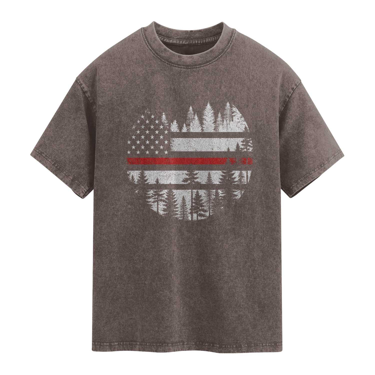 Wildland Firefighter Forest Red Line American Flag Washed Cotton T-Shirt