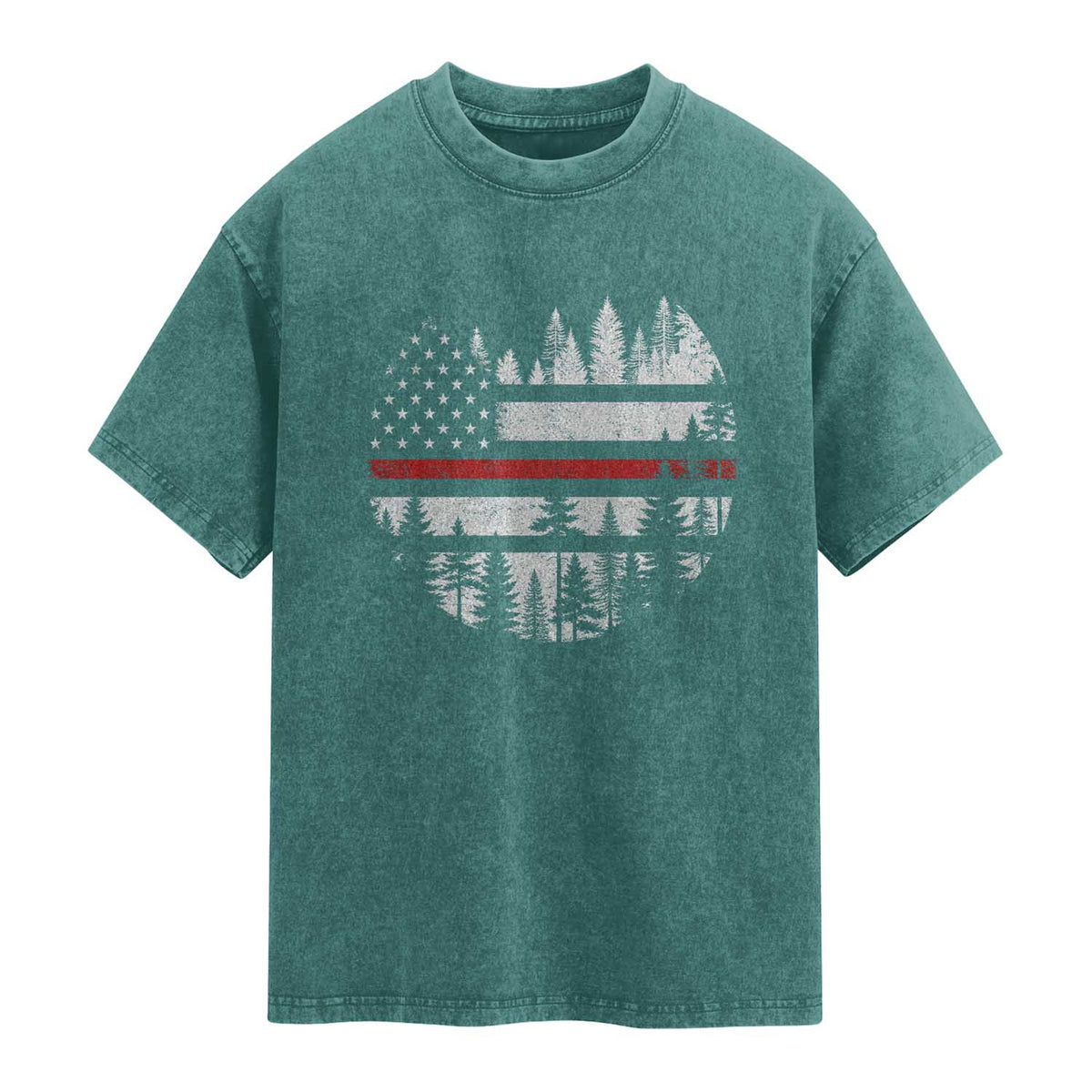 Wildland Firefighter Forest Red Line American Flag Washed Cotton T-Shirt
