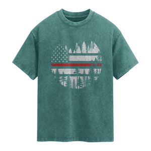 Wildland Firefighter Forest Red Line American Flag Washed Cotton T-Shirt