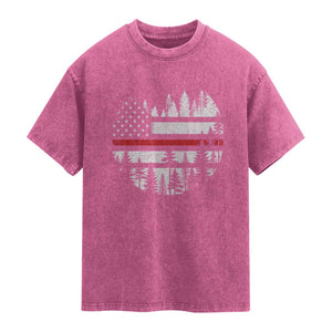 Wildland Firefighter Forest Red Line American Flag Washed Cotton T-Shirt