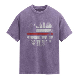 Wildland Firefighter Forest Red Line American Flag Washed Cotton T-Shirt
