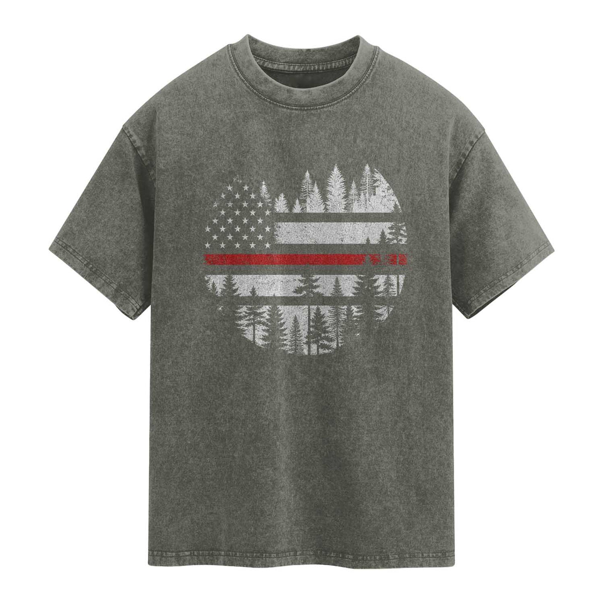 Wildland Firefighter Forest Red Line American Flag Washed Cotton T-Shirt