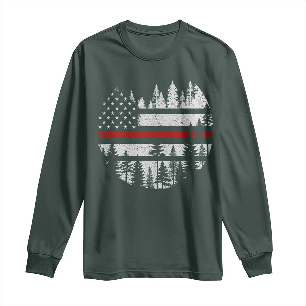 Wildland Firefighter Forest Red Line American Flag Long Sleeve Shirt TS11 Dark Forest Green Print Your Wear