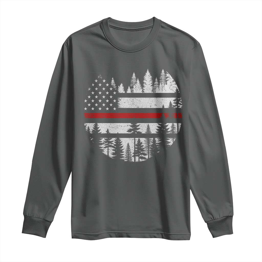 Wildland Firefighter Forest Red Line American Flag Long Sleeve Shirt TS11 Dark Heather Print Your Wear