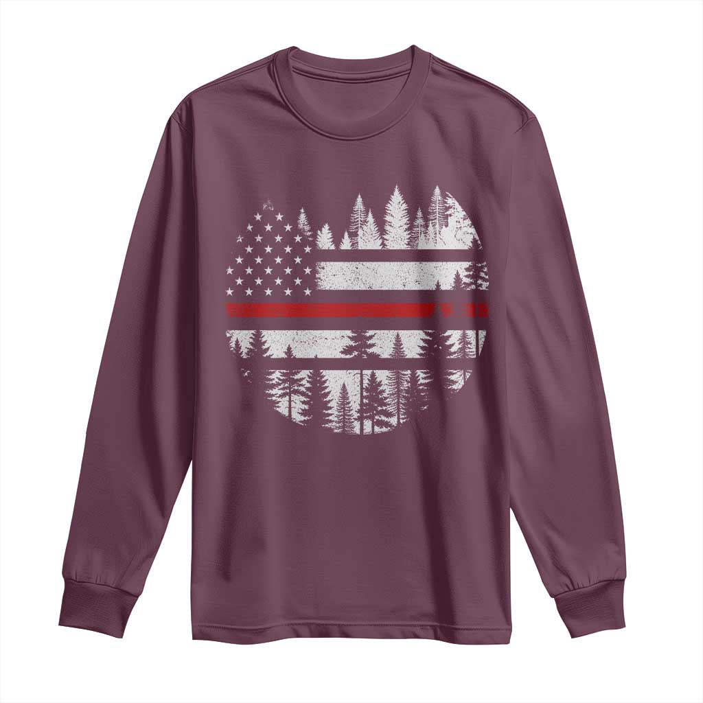 Wildland Firefighter Forest Red Line American Flag Long Sleeve Shirt TS11 Maroon Print Your Wear