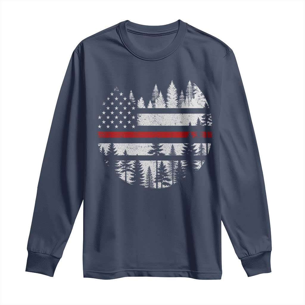 Wildland Firefighter Forest Red Line American Flag Long Sleeve Shirt TS11 Navy Print Your Wear