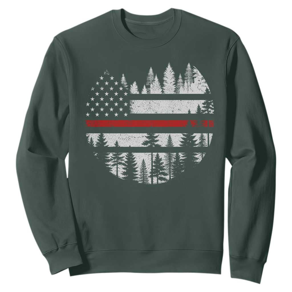 Wildland Firefighter Forest Red Line American Flag Sweatshirt TS11 Dark Forest Green Print Your Wear