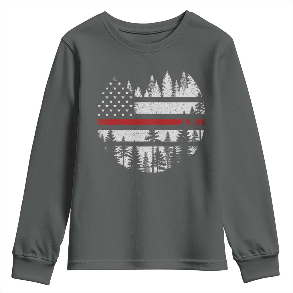Wildland Firefighter Forest Red Line American Flag Youth Sweatshirt TS11 Dark Heather Print Your Wear