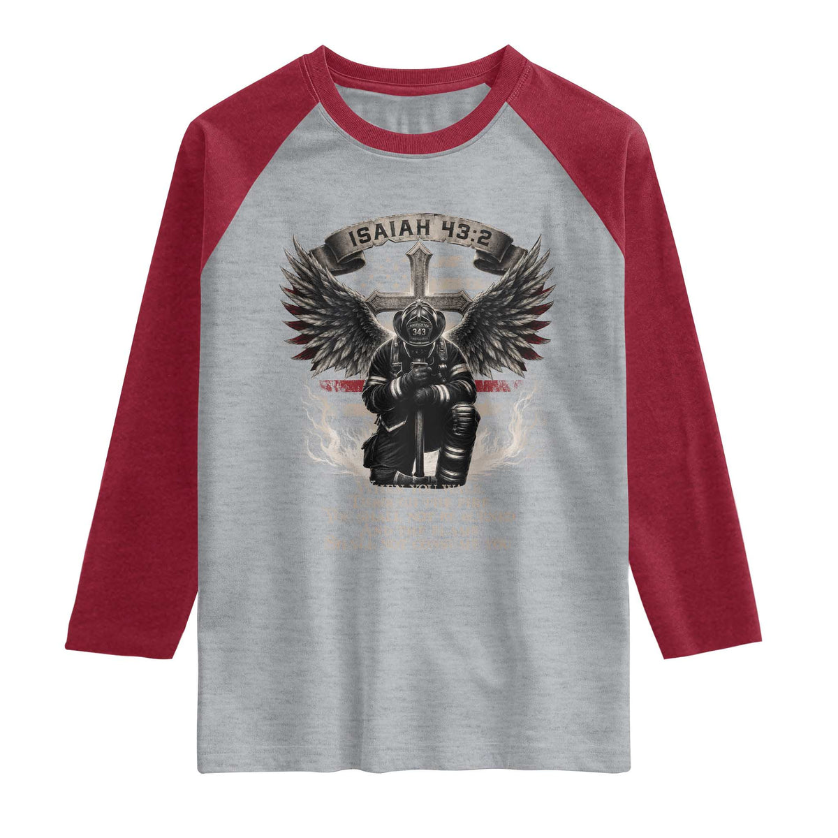 Christian Firefighter Raglan Shirt When You Walk Through The Fire You Shall Not Be Burned American Flag TS11 Heather Gray Heather Red Print Your Wear