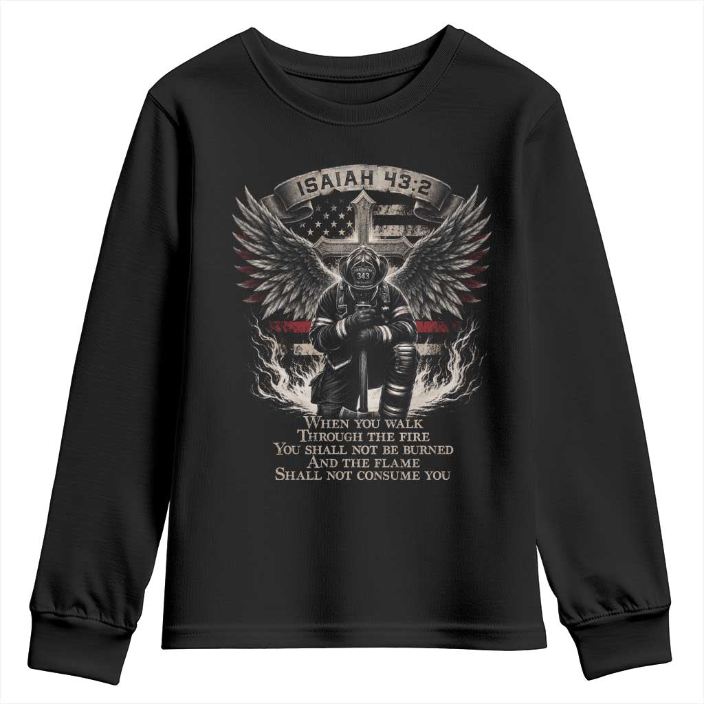 Christian Firefighter Youth Sweatshirt When You Walk Through The Fire You Shall Not Be Burned American Flag TS11 Black Print Your Wear