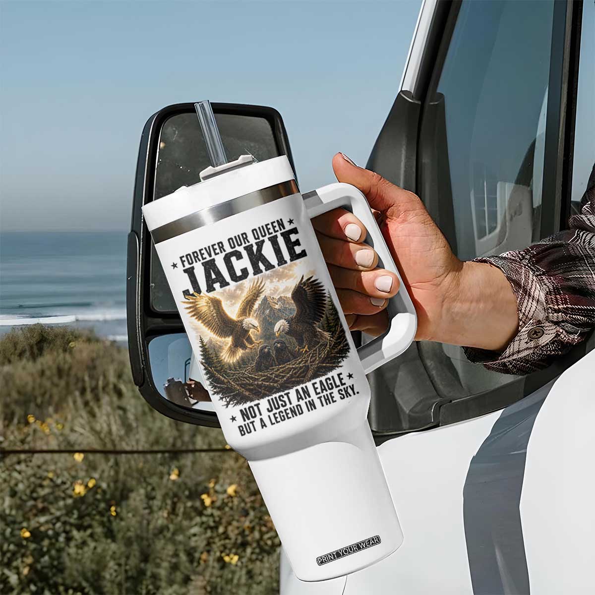 Jackie Bald Eagle Tumbler With Handle Forever Our Queen Not Just An Eagle But A Legend In The Sky TS11 Print Your Wear