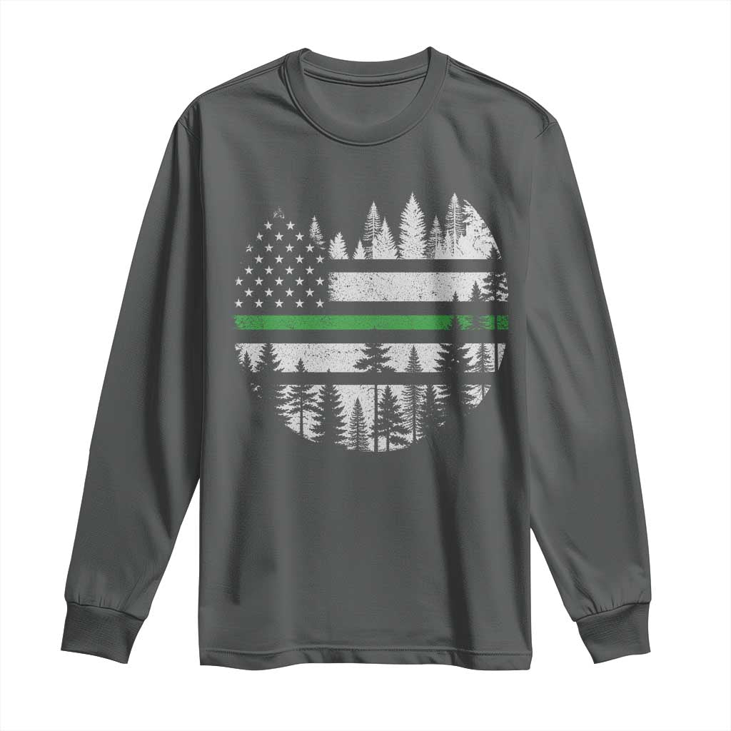 Park Ranger Law Enforcement Forest Green Line American Flag Long Sleeve Shirt TS11 Dark Heather Print Your Wear