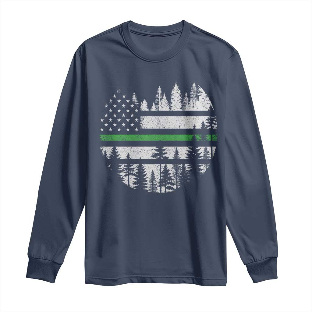 Park Ranger Law Enforcement Forest Green Line American Flag Long Sleeve Shirt TS11 Navy Print Your Wear
