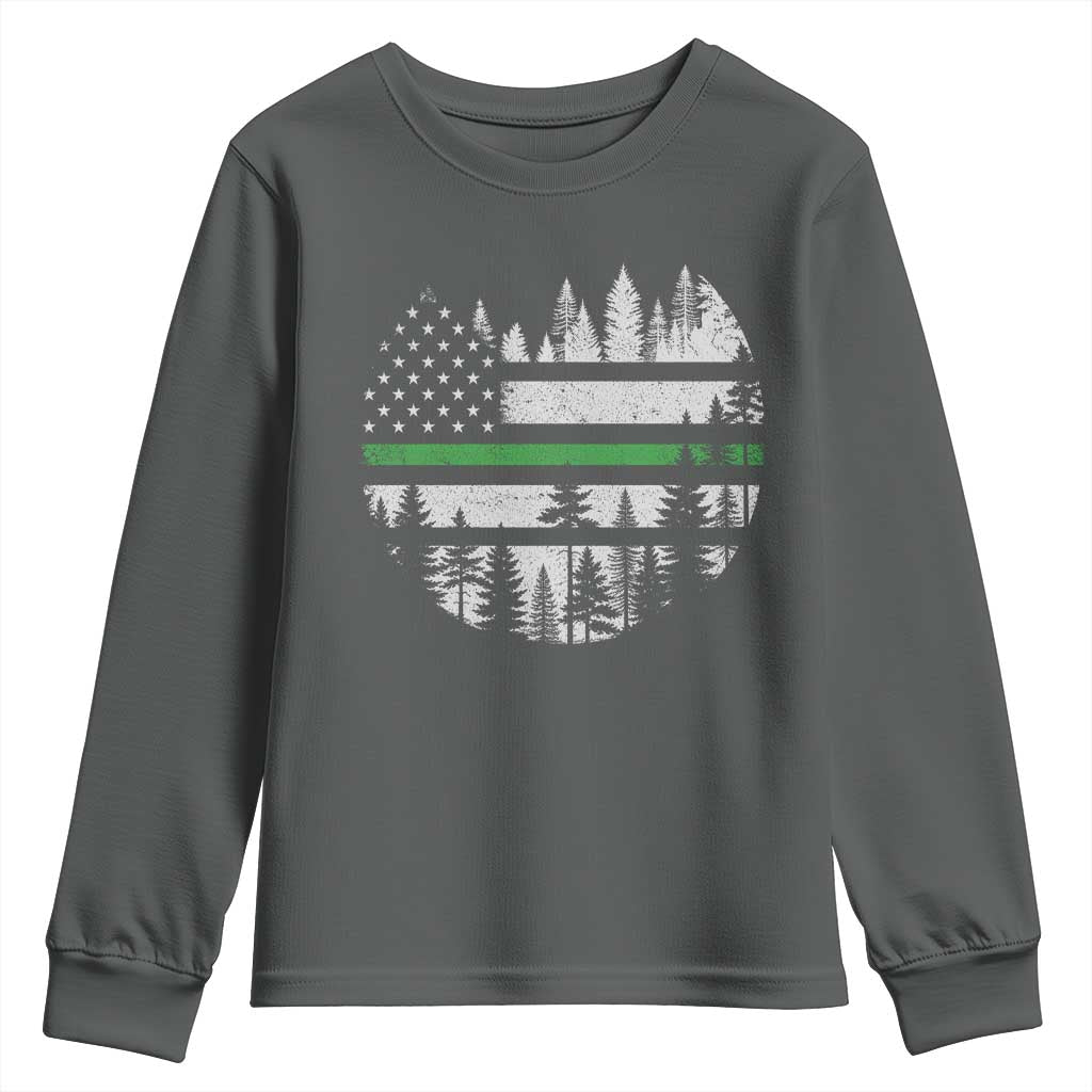 Park Ranger Law Enforcement Forest Green Line American Flag Youth Sweatshirt TS11 Dark Heather Print Your Wear