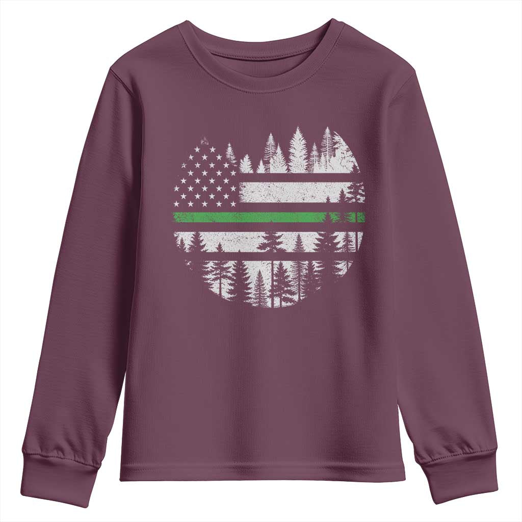 Park Ranger Law Enforcement Forest Green Line American Flag Youth Sweatshirt TS11 Maroon Print Your Wear