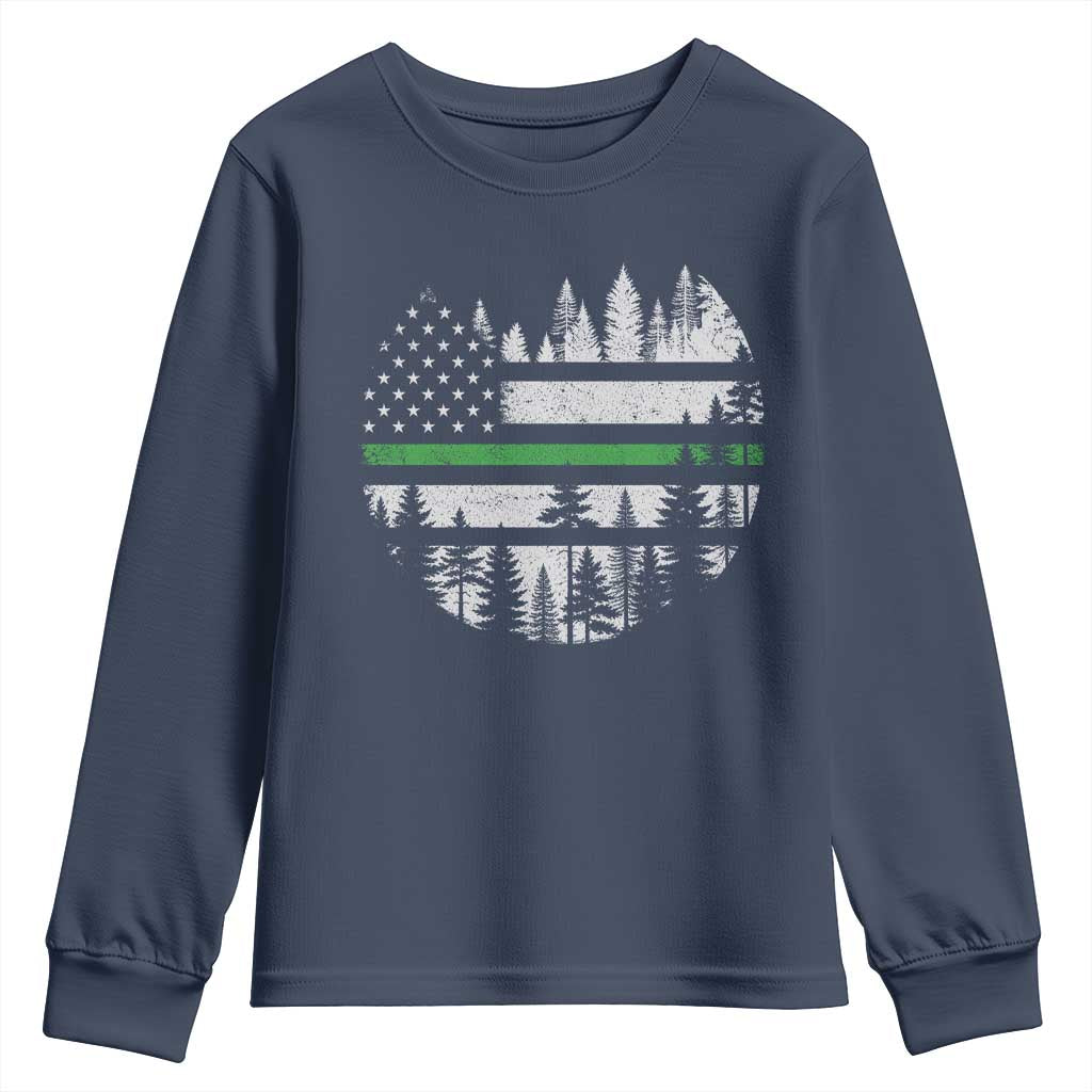 Park Ranger Law Enforcement Forest Green Line American Flag Youth Sweatshirt TS11 Navy Print Your Wear