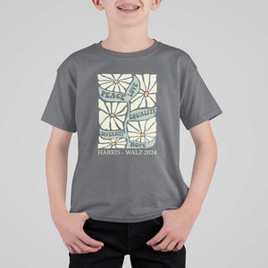 Harris Walz 2024 T Shirt For Kid Peace Love Equality Diversity Hope Hand Drawn Flower TS11 Charcoal Print Your Wear