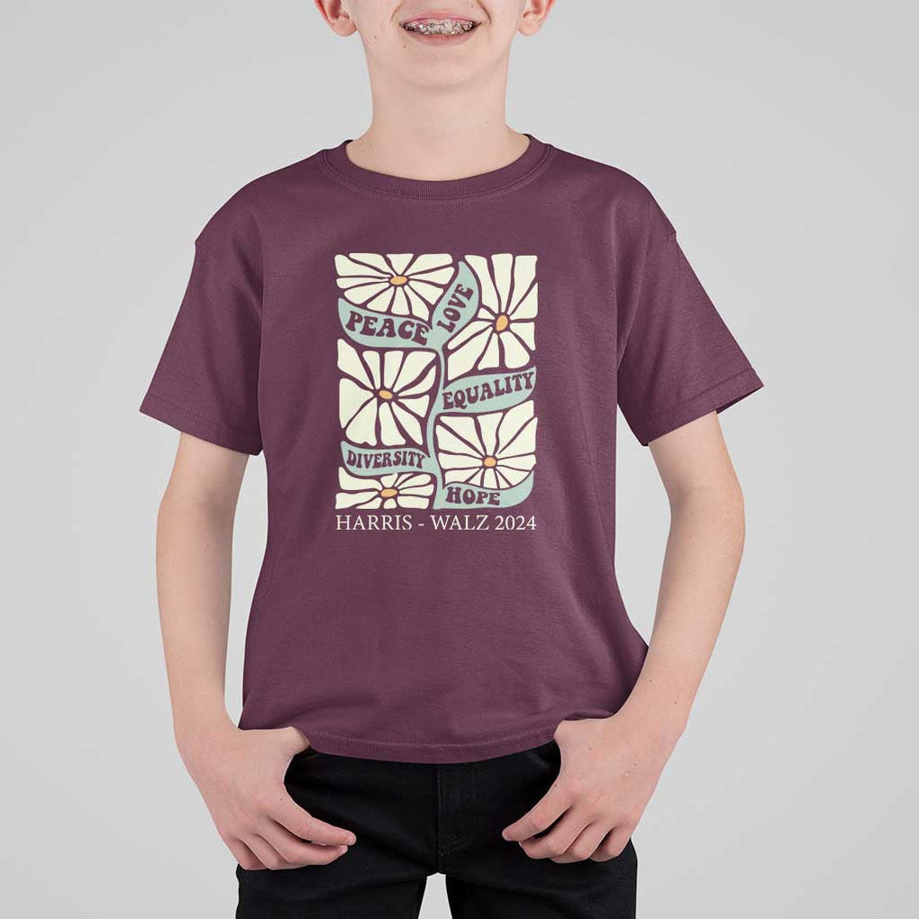 Harris Walz 2024 T Shirt For Kid Peace Love Equality Diversity Hope Hand Drawn Flower TS11 Maroon Print Your Wear