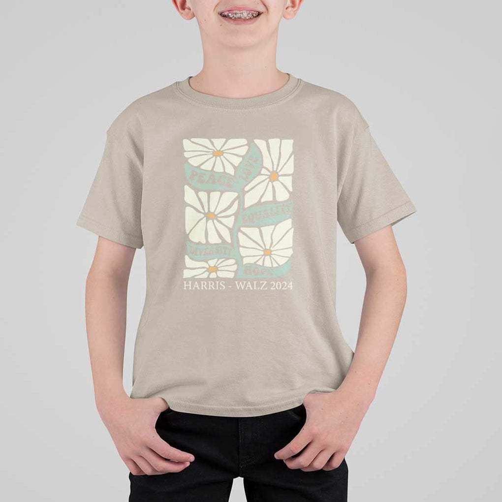 Harris Walz 2024 T Shirt For Kid Peace Love Equality Diversity Hope Hand Drawn Flower TS11 Sand Print Your Wear