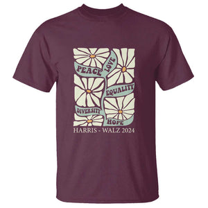 Harris Walz 2024 T Shirt Peace Love Equality Diversity Hope Hand Drawn Flower TS11 Maroon Print Your Wear