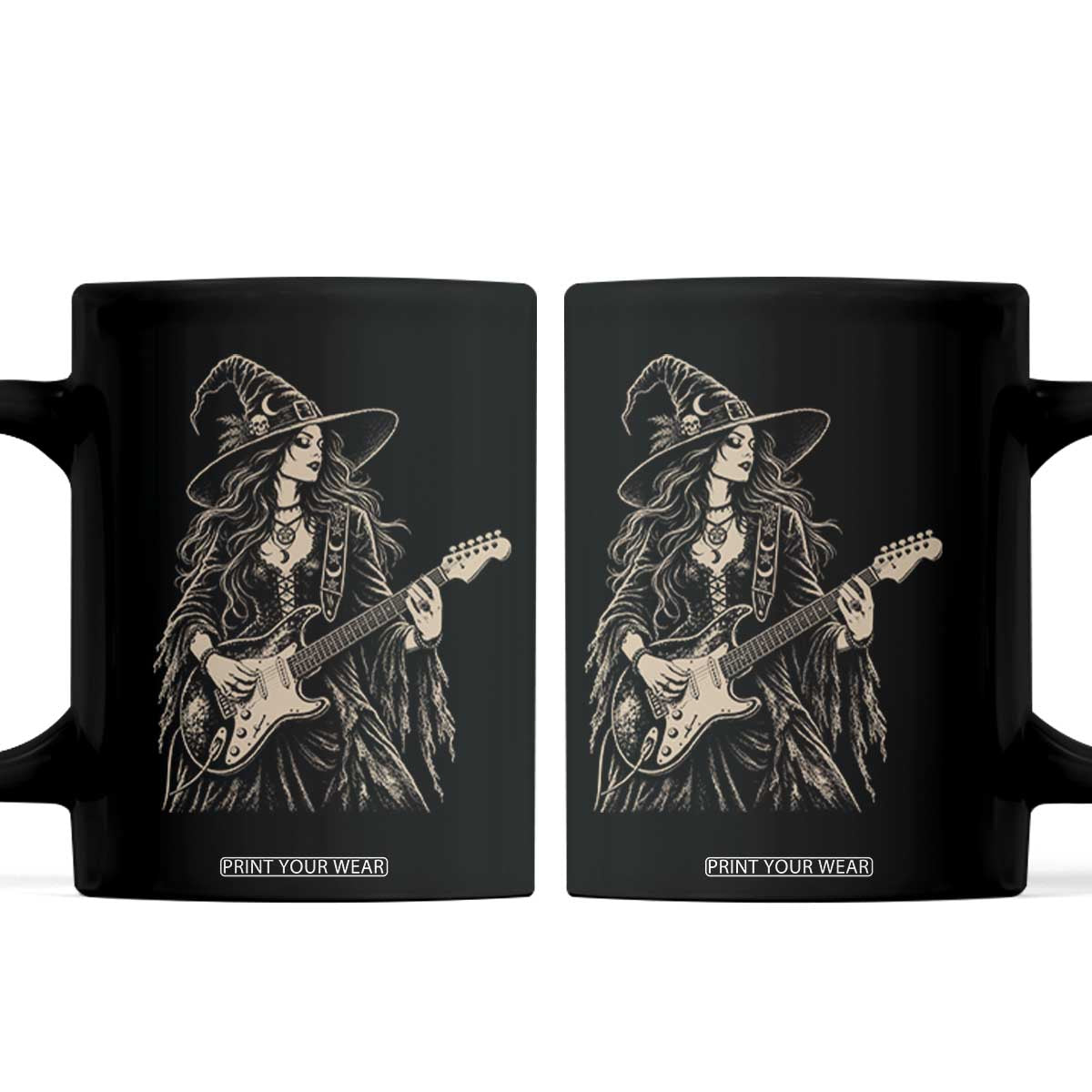 Vintage Witch Playing Guitar Halloween Coffee Mug Horror Rock Music Lover