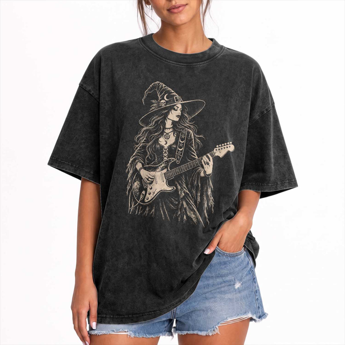 Vintage Witch Playing Guitar Halloween Washed Cotton T-Shirt Horror Rock Music Lover