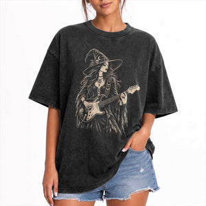 Vintage Witch Playing Guitar Halloween Washed Cotton T-Shirt Horror Rock Music Lover