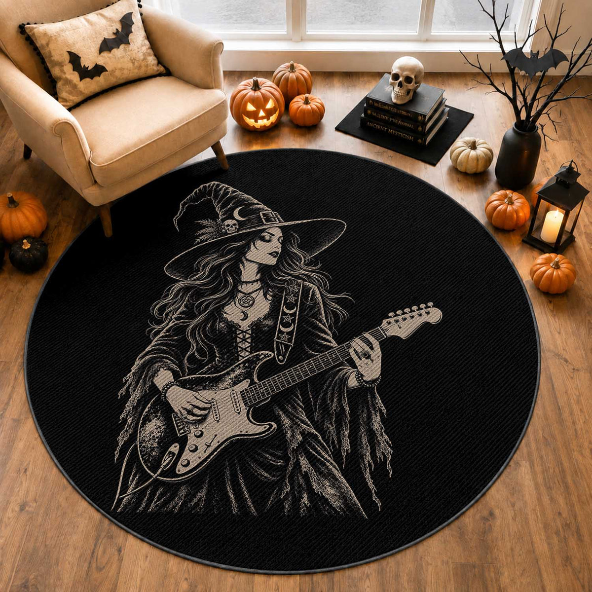 Vintage Witch Playing Guitar Halloween Round Rug Horror Rock Music Lover