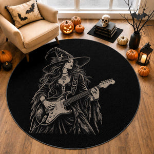 Vintage Witch Playing Guitar Halloween Round Rug Horror Rock Music Lover