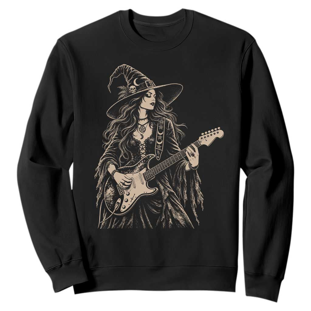 Vintage Witch Playing Guitar Halloween Sweatshirt Horror Rock Music Lover