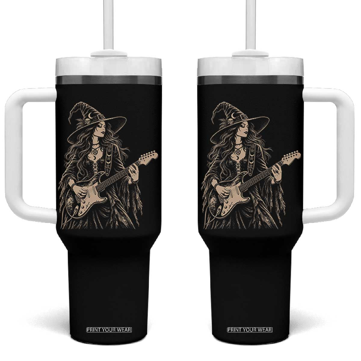 Vintage Witch Playing Guitar Halloween Tumbler With Handle Horror Rock Music Lover