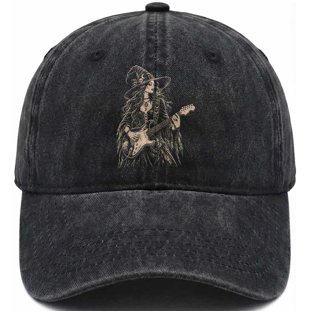 Vintage Witch Playing Guitar Halloween Washed Cotton Baseball Cap Horror Rock Music Lover