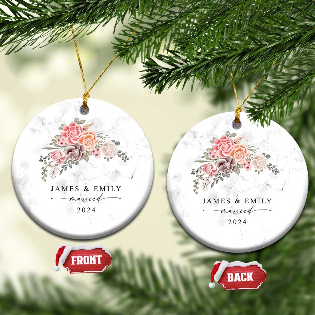 Personalized First Christmas Married 2024 Christmas Ornament Custom Name Couple Vintage Rose Flowers TS11 Circle Marble Print Your Wear