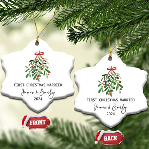 Personalized First Christmas Married 2024 Christmas Ornament Custom Name Couple Xmas Mistletoe TS11 Snow Flake White Print Your Wear