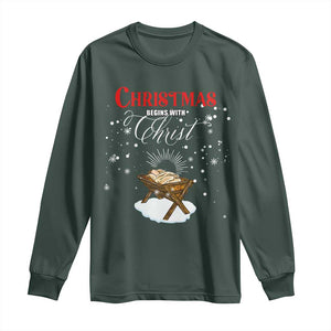 Christmas Begins With Christ Long Sleeve Shirt Christian Christmas Jesus God TS11 Dark Forest Green Print Your Wear