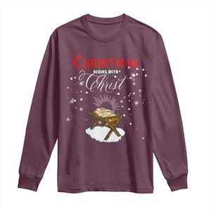 Christmas Begins With Christ Long Sleeve Shirt Christian Christmas Jesus God TS11 Maroon Print Your Wear