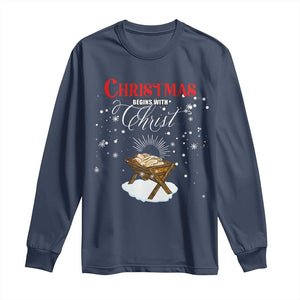 Christmas Begins With Christ Long Sleeve Shirt Christian Christmas Jesus God TS11 Navy Print Your Wear