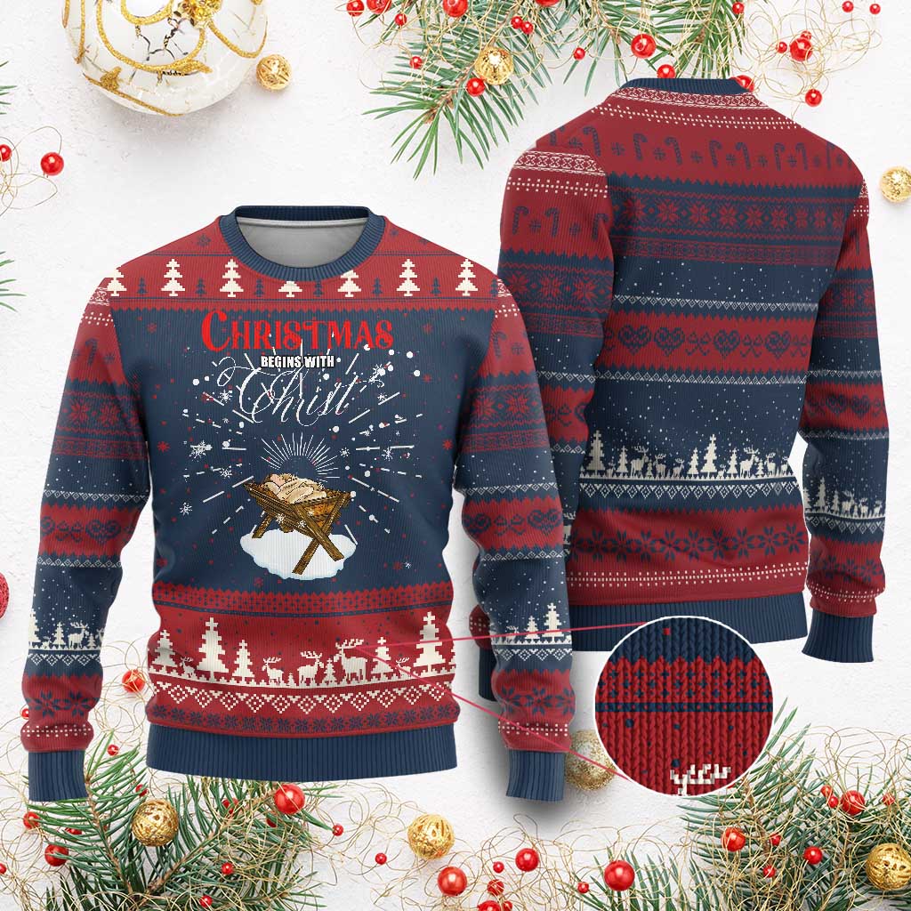 Xmas Begins With Christ Ugly Christmas Sweater Christian Christmas Jesus God TS11 Burgundy Print Your Wear