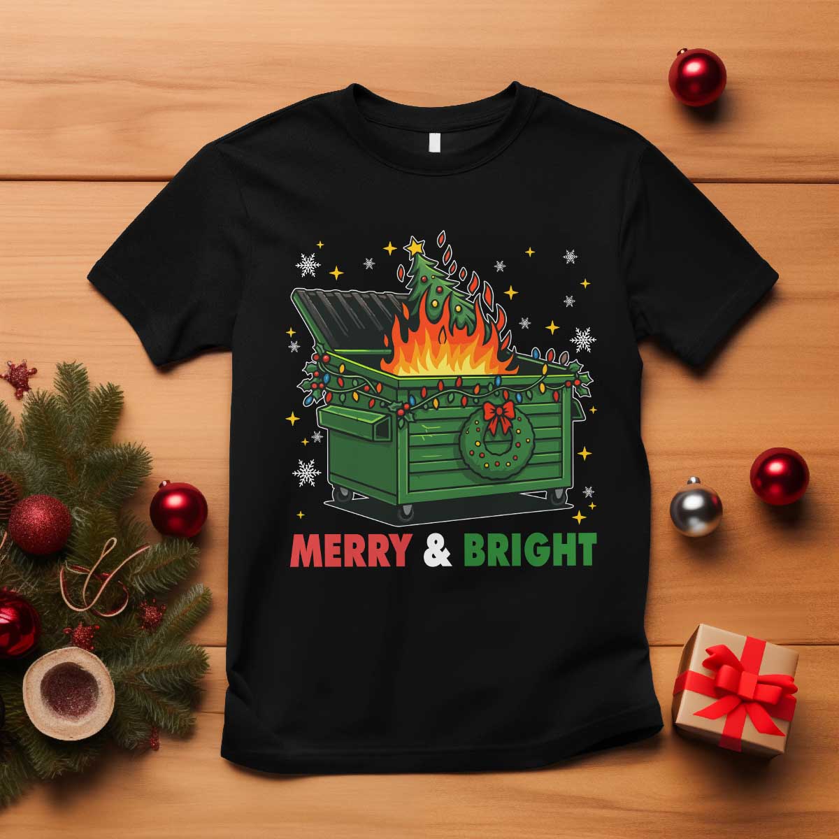 Funny Lil Dumpster Fire Christmas T Shirt Merry And Bright Xmas Tree TS11 Black Print Your Wear