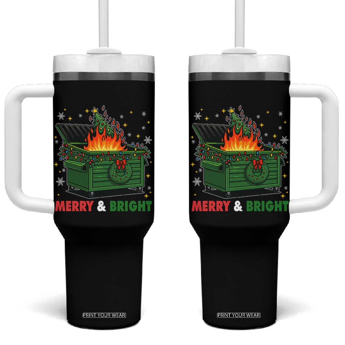 Funny Lil Dumpster Fire Christmas Tumbler With Handle Merry And Bright Xmas Tree TS11 One Size: 40 oz Black Print Your Wear