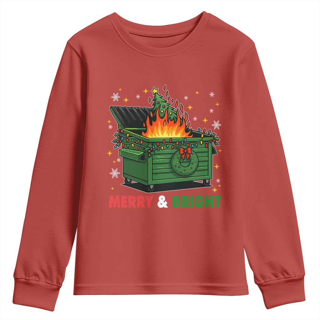 Funny Lil Dumpster Fire Christmas Youth Sweatshirt Merry And Bright Xmas Tree TS11 Red Print Your Wear