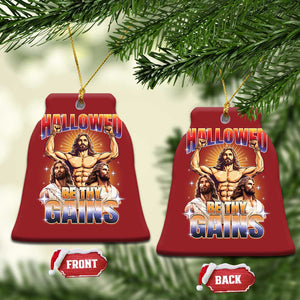 Funny Muscle Jesus Workout Christmas Ornament Hallowed Be Thy Gains Weightlifting Humor TS11 Bell Flake Red Print Your Wear