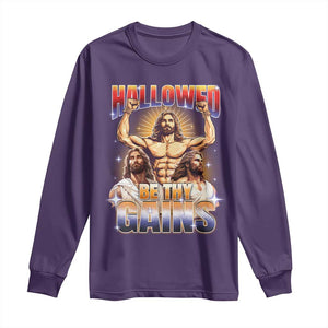 Funny Muscle Jesus Workout Long Sleeve Shirt Hallowed Be Thy Gains Weightlifting Humor TS11 Purple Print Your Wear