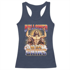 Funny Muscle Jesus Workout Racerback Tank Top Hallowed Be Thy Gains Weightlifting Humor TS11 Navy Print Your Wear