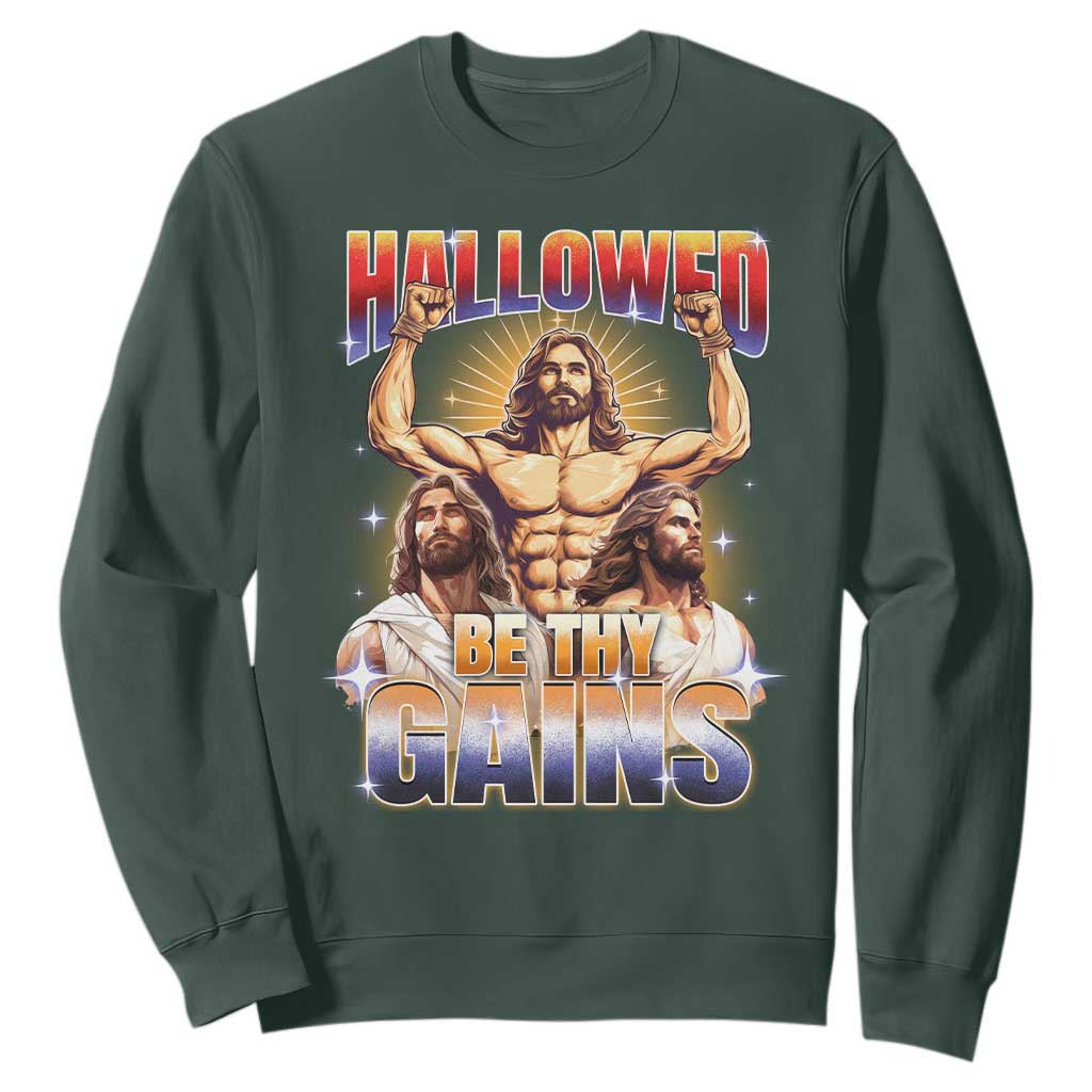 Funny Muscle Jesus Workout Sweatshirt Hallowed Be Thy Gains Weightlifting Humor TS11 Dark Forest Green Print Your Wear
