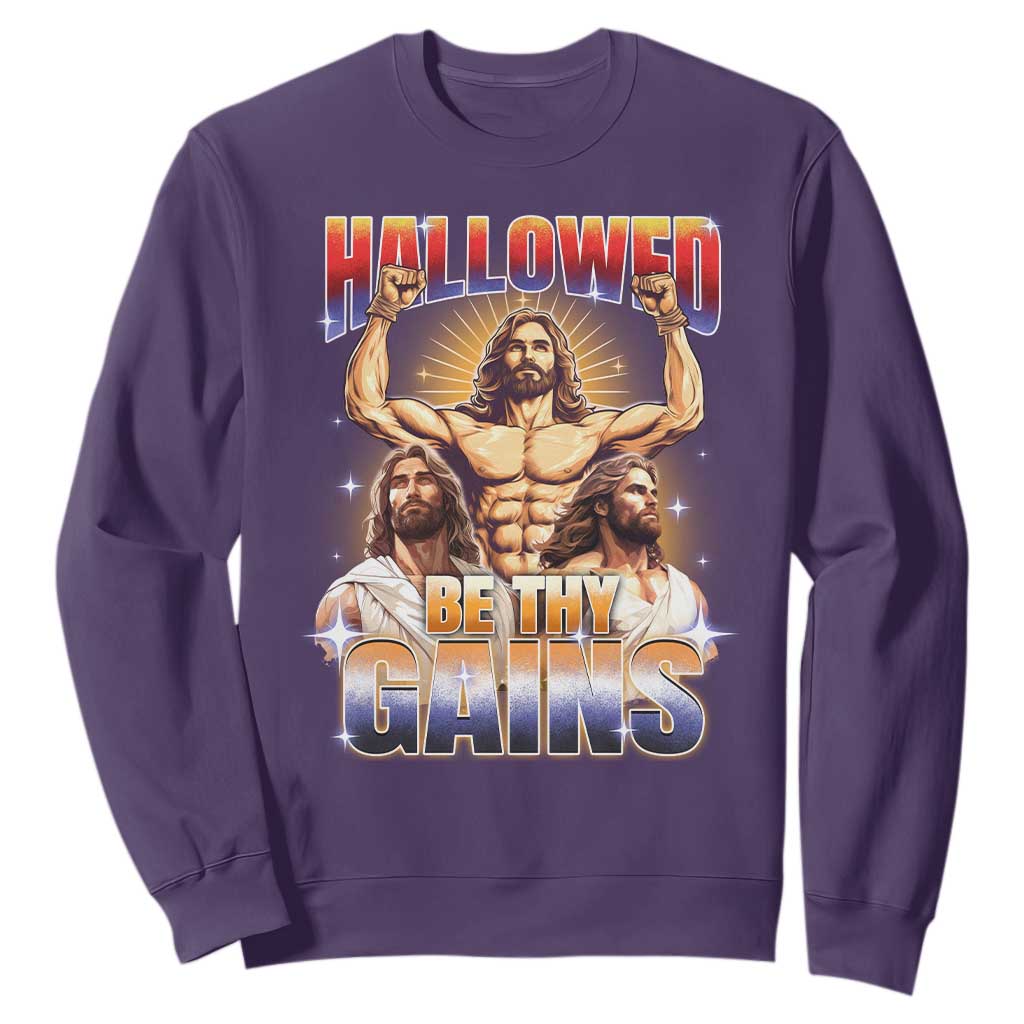 Funny Muscle Jesus Workout Sweatshirt Hallowed Be Thy Gains Weightlifting Humor TS11 Purple Print Your Wear
