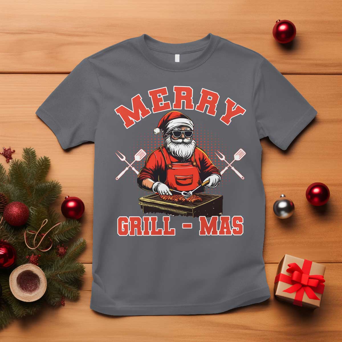 Funny Christmas Grilling Santa T Shirt Merry Grill-Mas BBQ TS11 Charcoal Print Your Wear