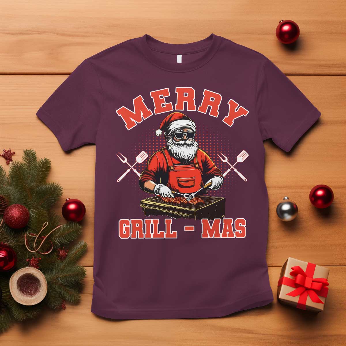 Funny Christmas Grilling Santa T Shirt Merry Grill-Mas BBQ TS11 Maroon Print Your Wear