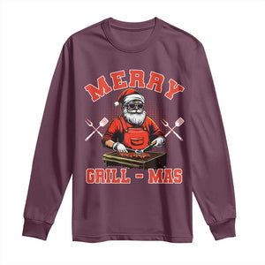 Funny Christmas Grilling Santa Long Sleeve Shirt Merry Grill-Mas BBQ TS11 Maroon Print Your Wear